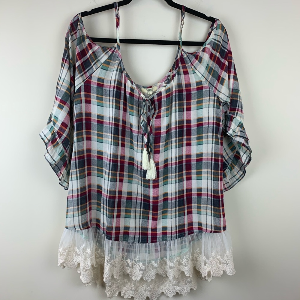 Kori America Cold Shoulder Plaid Lace Trimmed Tunic Top Size Small
